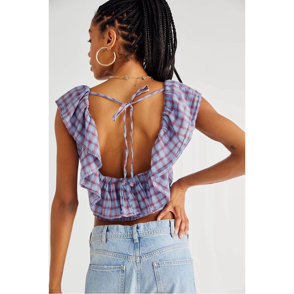 Free People Gone Rogue Plaid Open-Back Ruffle Top NWT SZ L